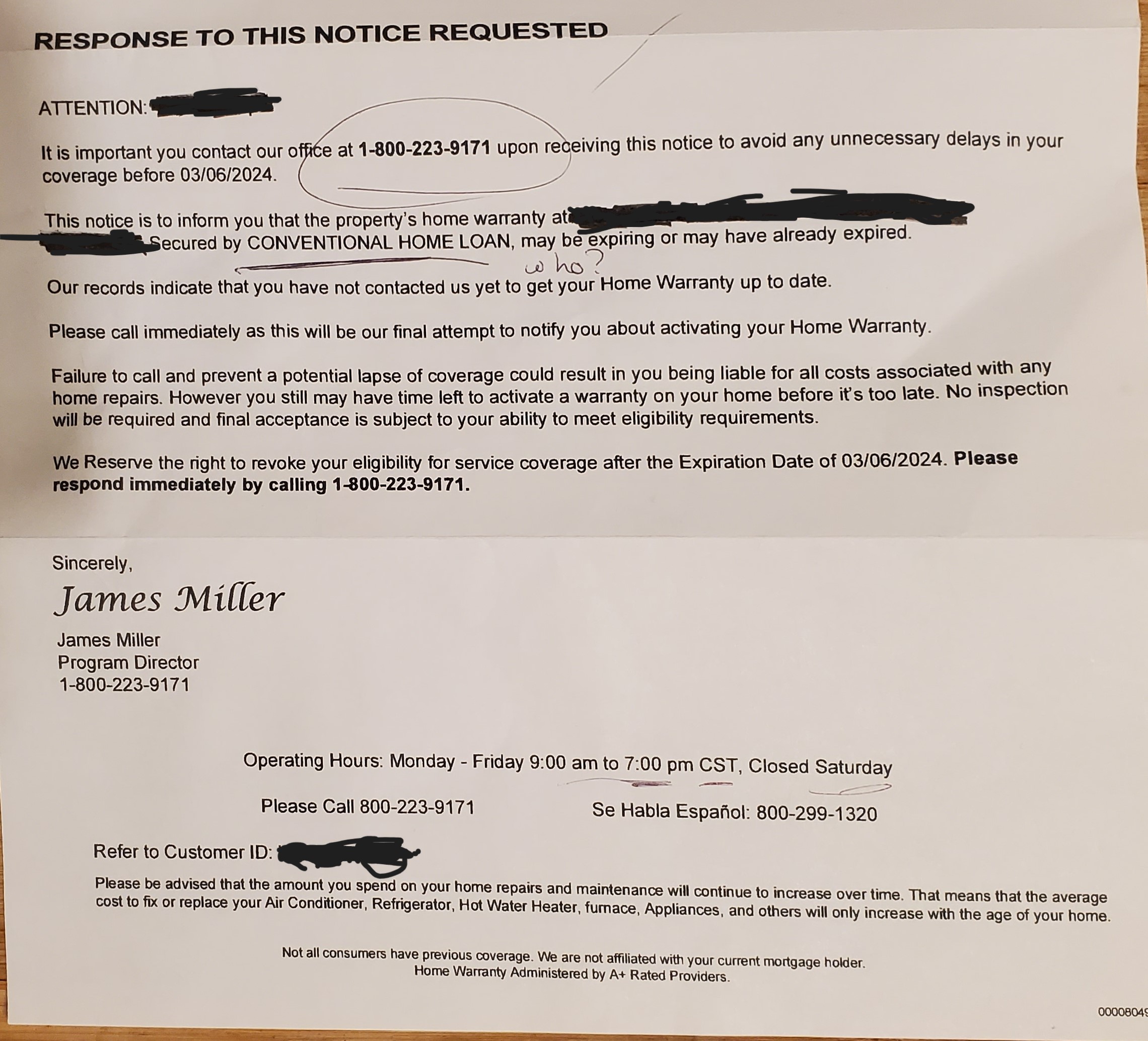 Example of a home warranty scam letter showing urgent language and pressure tactics